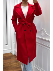 Long manteau croisé en rouge avec poches boutons et ceinture - 9