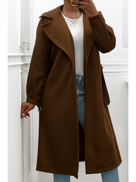Long manteau marron avec ceinture et poches - 3