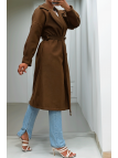 Long manteau marron avec ceinture et poches - 8
