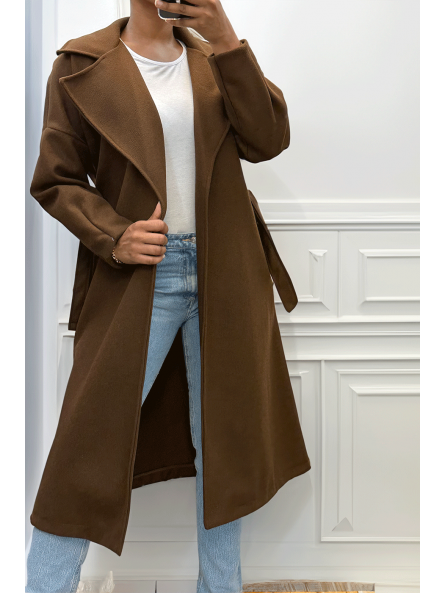 Long manteau marron avec ceinture et poches - 10
