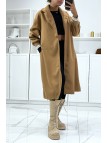Long manteau over size en camel avec bord côte aux manches - 1