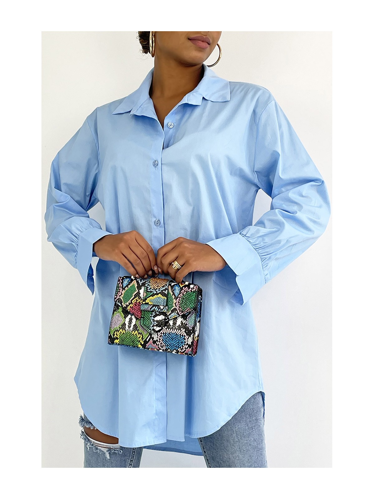 Longue chemise turquoise très tendance en coton - 1