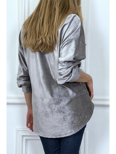 Chemise over size en velours gris avec poches - 5