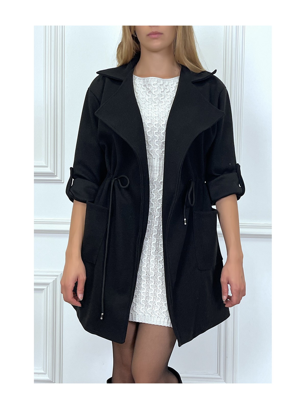 Manteau 3/4 noir avec ceinture lacet à la taille avec poches - 1