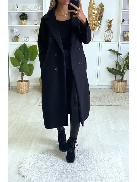 Long manteau croisé en noir avec poches boutons et ceinture - 2