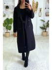 Long manteau croisé en noir avec poches boutons et ceinture - 3