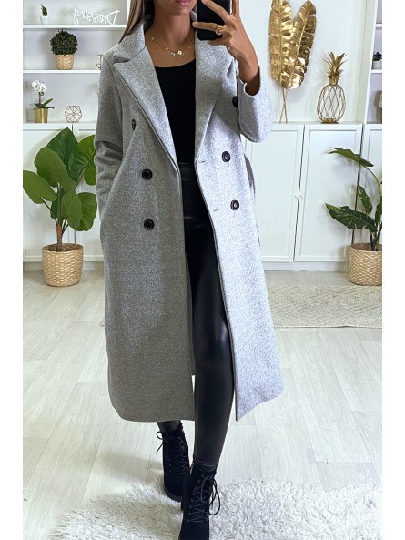 Long manteau croisé en gris avec poches boutons et ceinture - 2