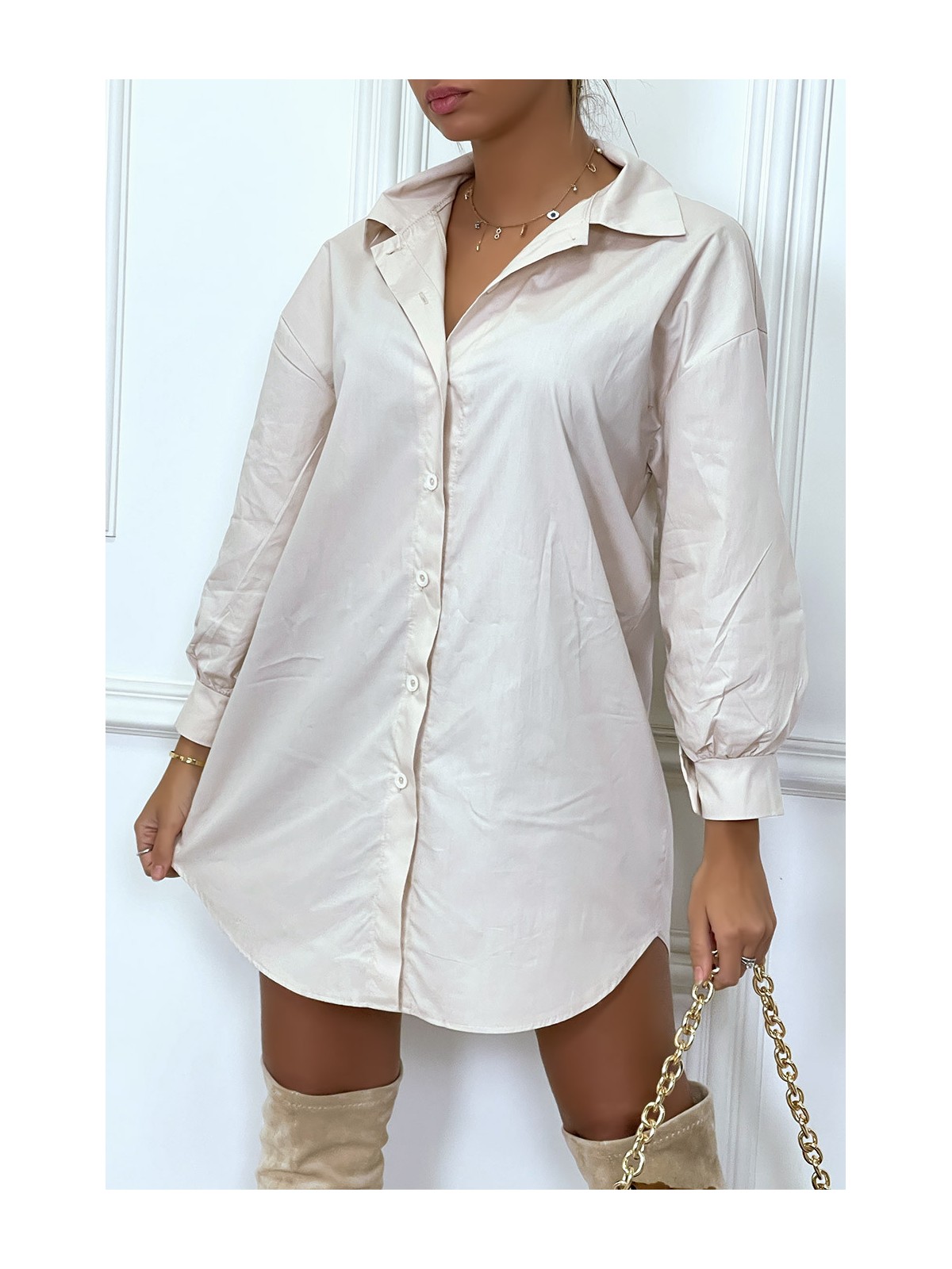 Robe chemise beige asymétrique en coton - 1
