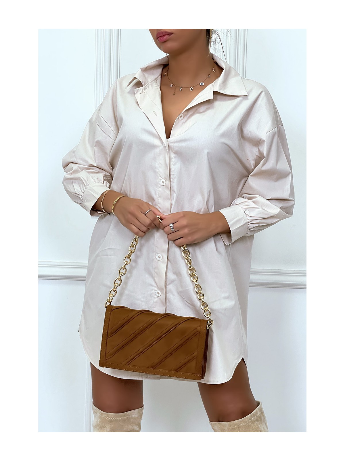 Robe chemise beige asymétrique en coton - 3
