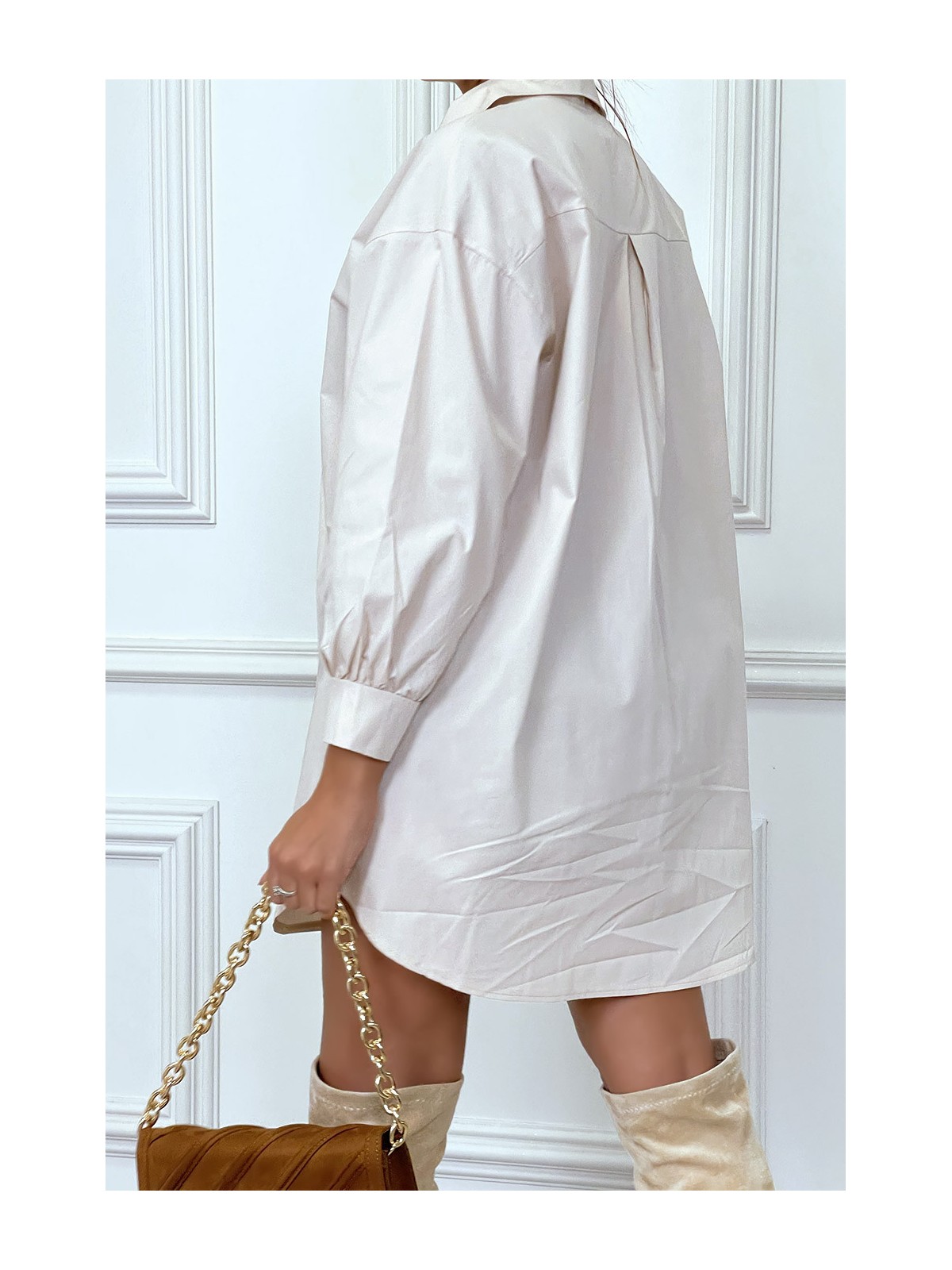 Robe chemise beige asymétrique en coton - 4