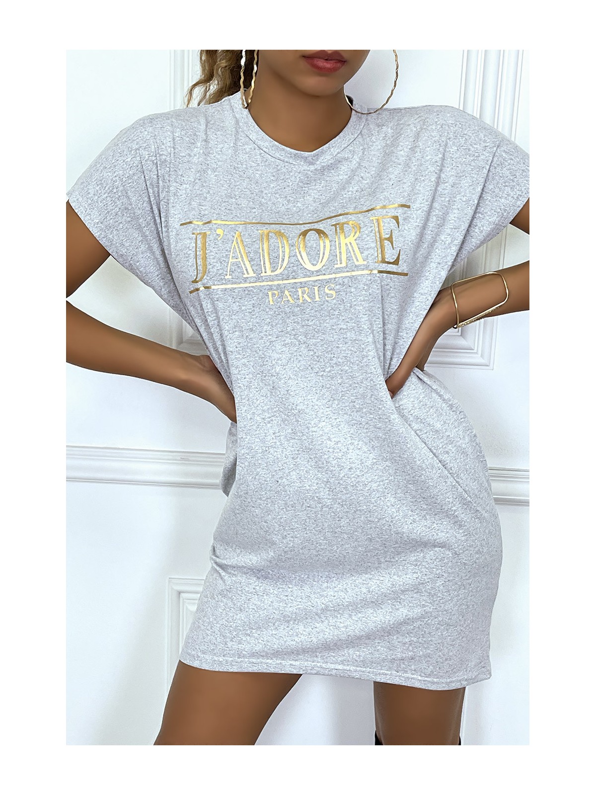 Robe T-shirt courte asymétrique gris avec écriture doré "J'adore" et poches - 6