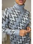 Long pull gris avec co roulé et motif zigzag brillant - 1