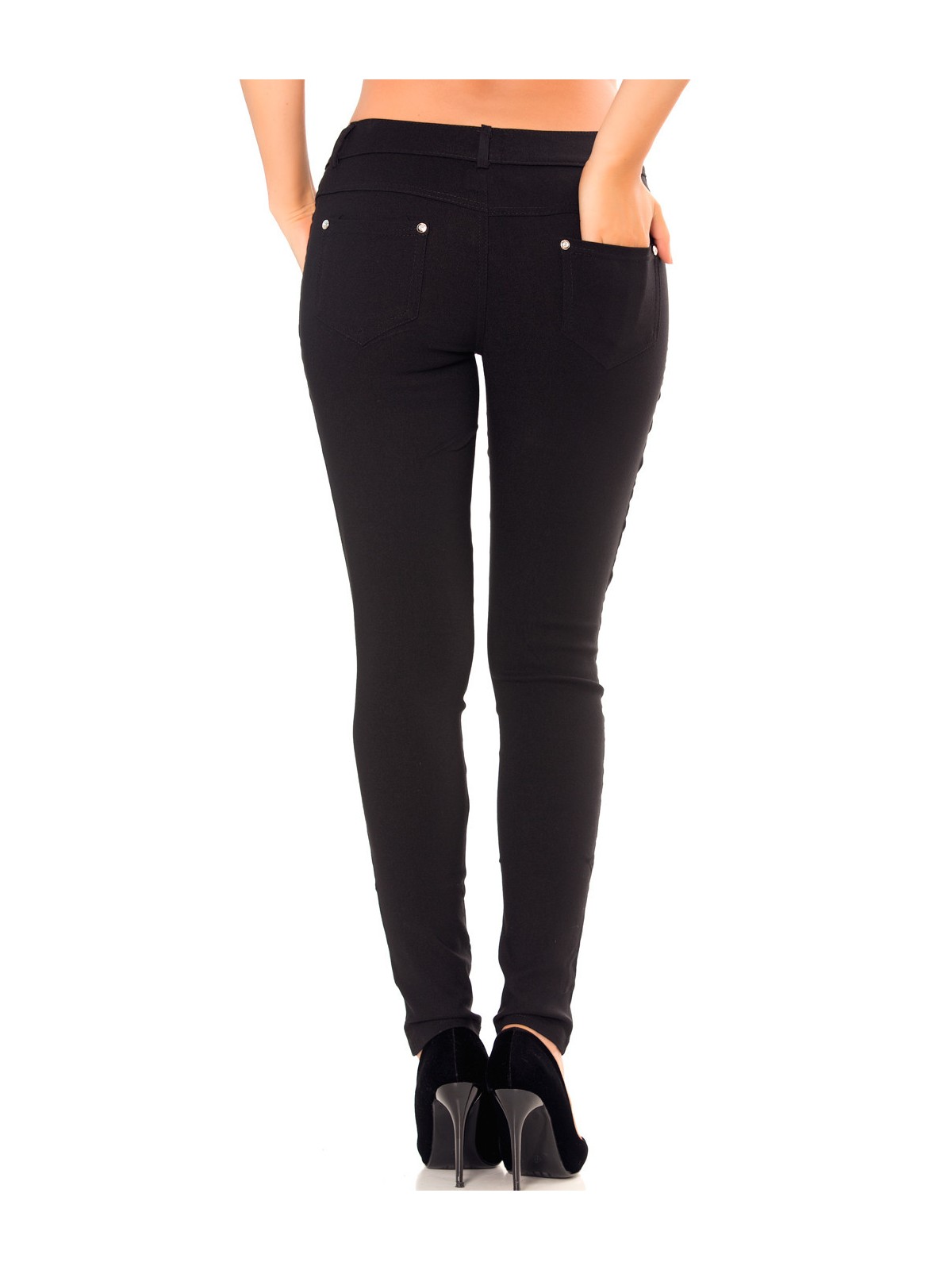 Pantalon slim noir en grande taille , basic avec poches avant et arrière - 5
