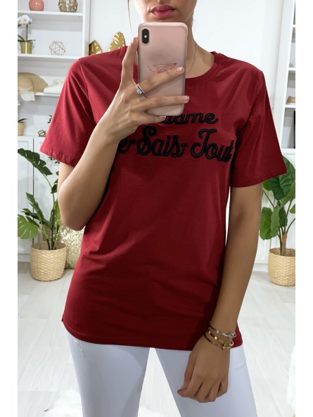 Tee-shirt long rouge en coton avec écriture Madame Je-Sais-Tout - 1