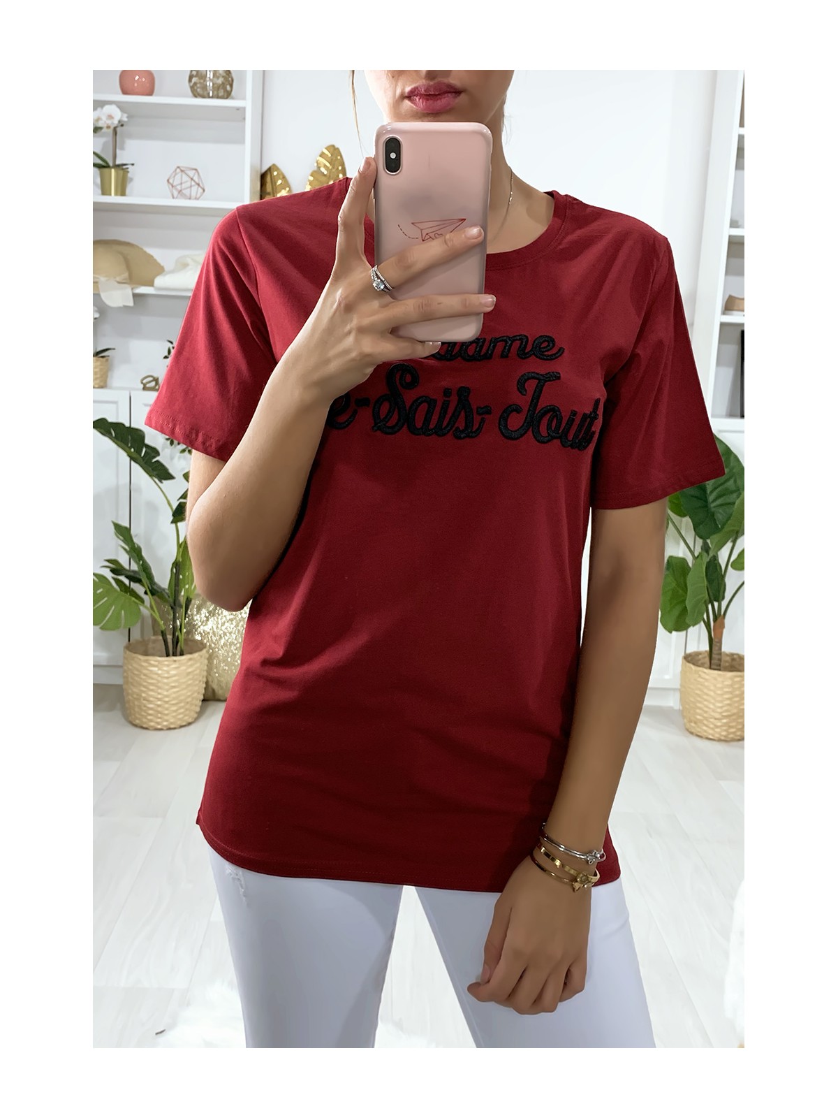 Tee-shirt long rouge en coton avec écriture Madame Je-Sais-Tout - 1