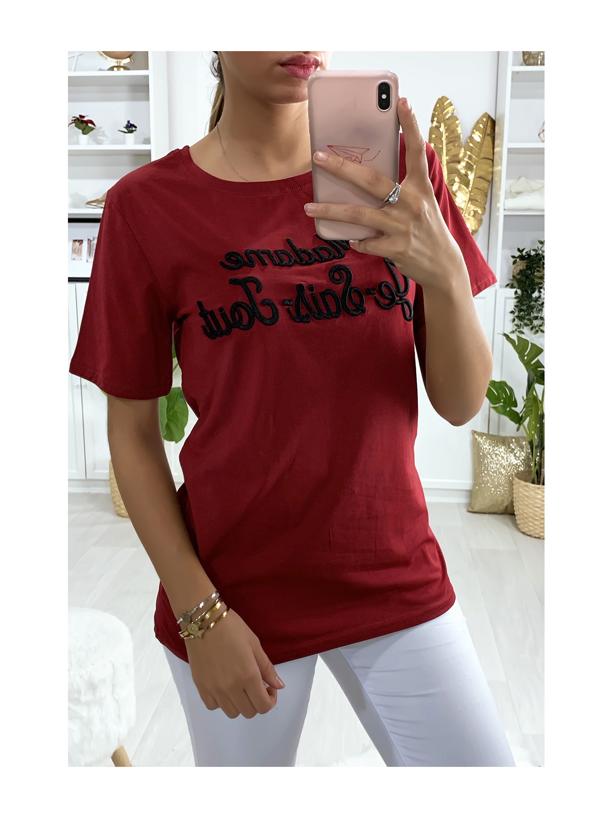 Tee-shirt long rouge en coton avec écriture Madame Je-Sais-Tout - 2