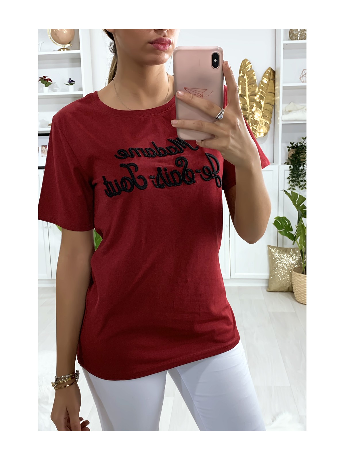 Tee-shirt long rouge en coton avec écriture Madame Je-Sais-Tout - 3