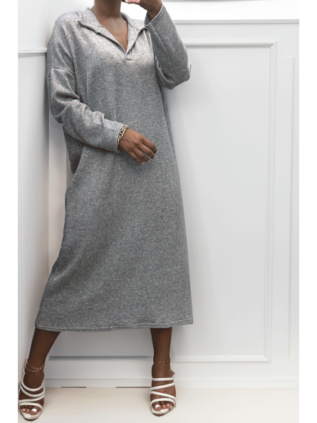 Longue robe épaisse col chemise en gris - 4