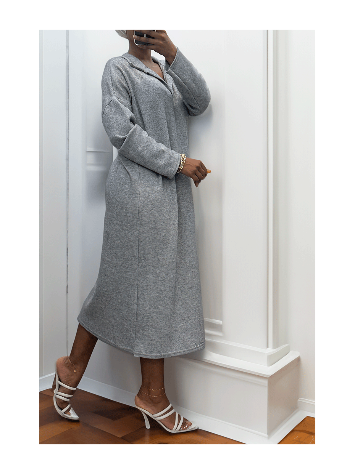 Longue robe épaisse col chemise en gris - 6
