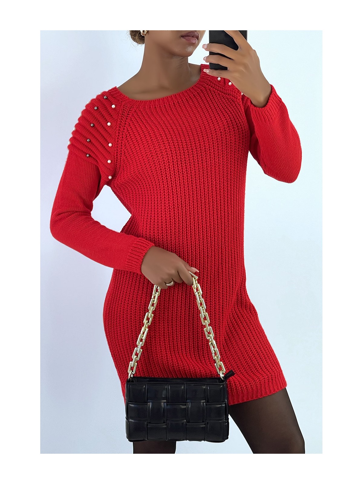 Robe pull rouge épaisse avec épaules perlées - 2