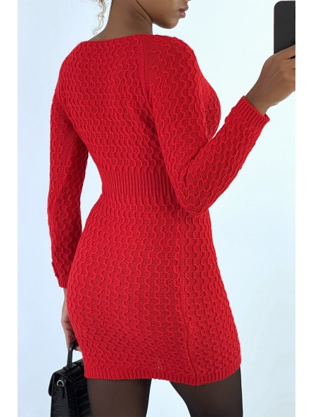 Magnifique robe pull rouge joliment tressé cintré à la taille - 4