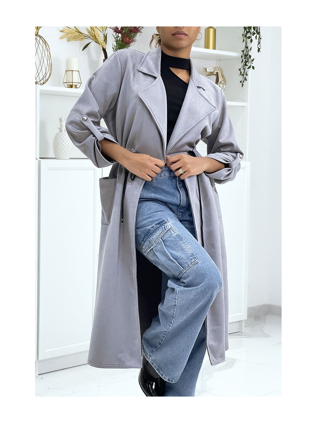 Longue veste en suédine grise - 4