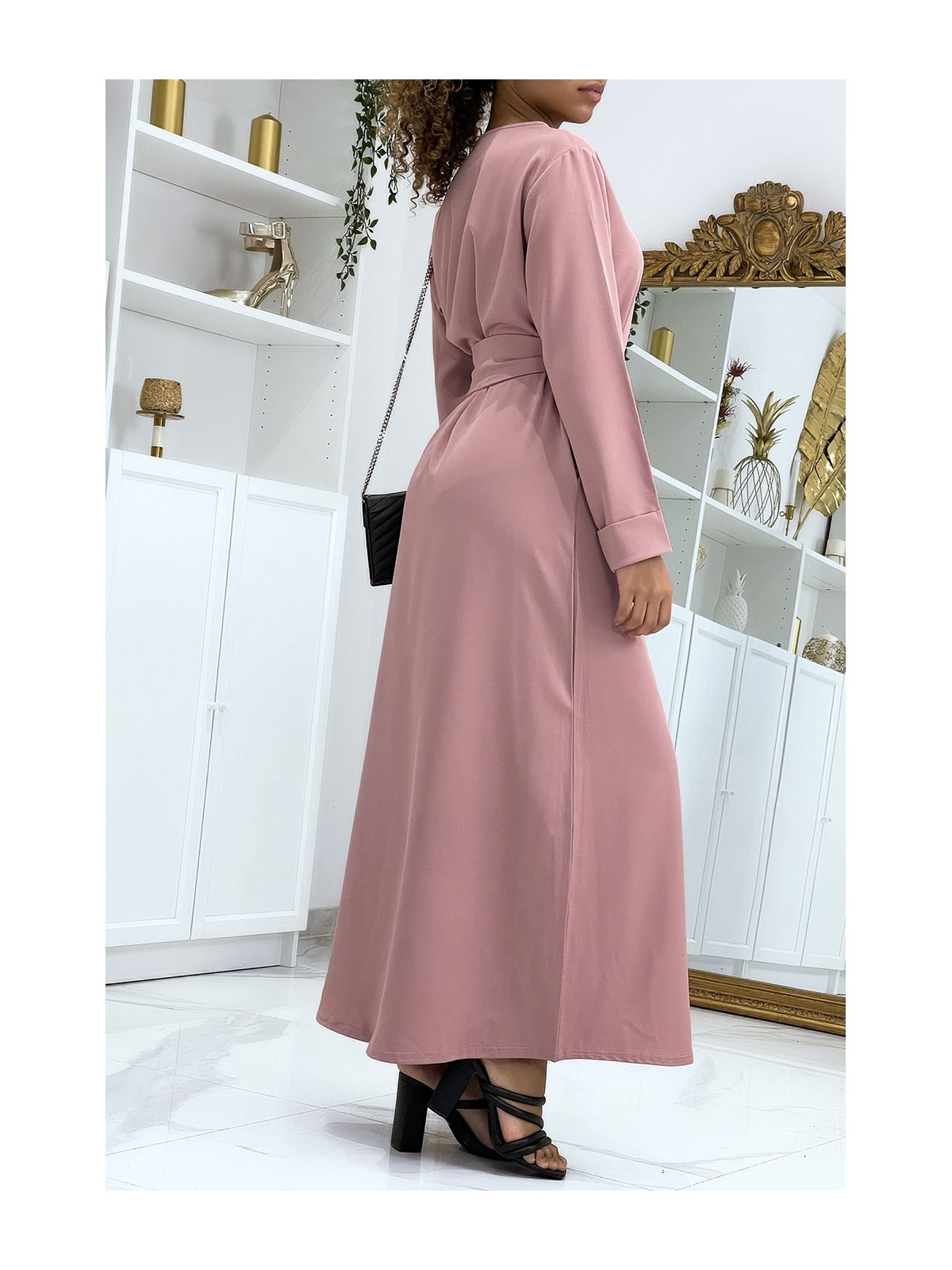 Longue abaya rose avec poches et ceinture - 3
