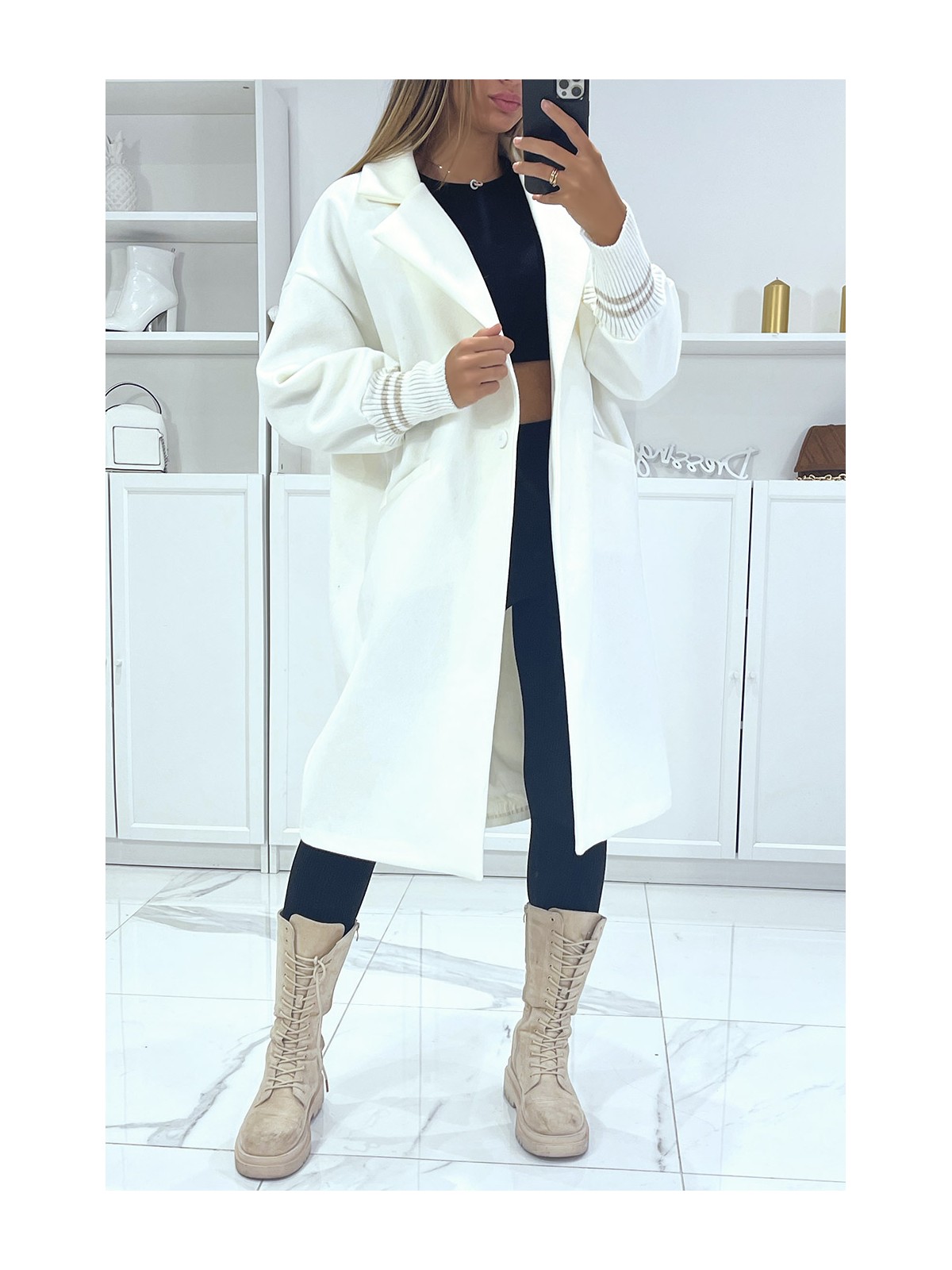 Long manteau over size doublé avec poches en blanc - 2