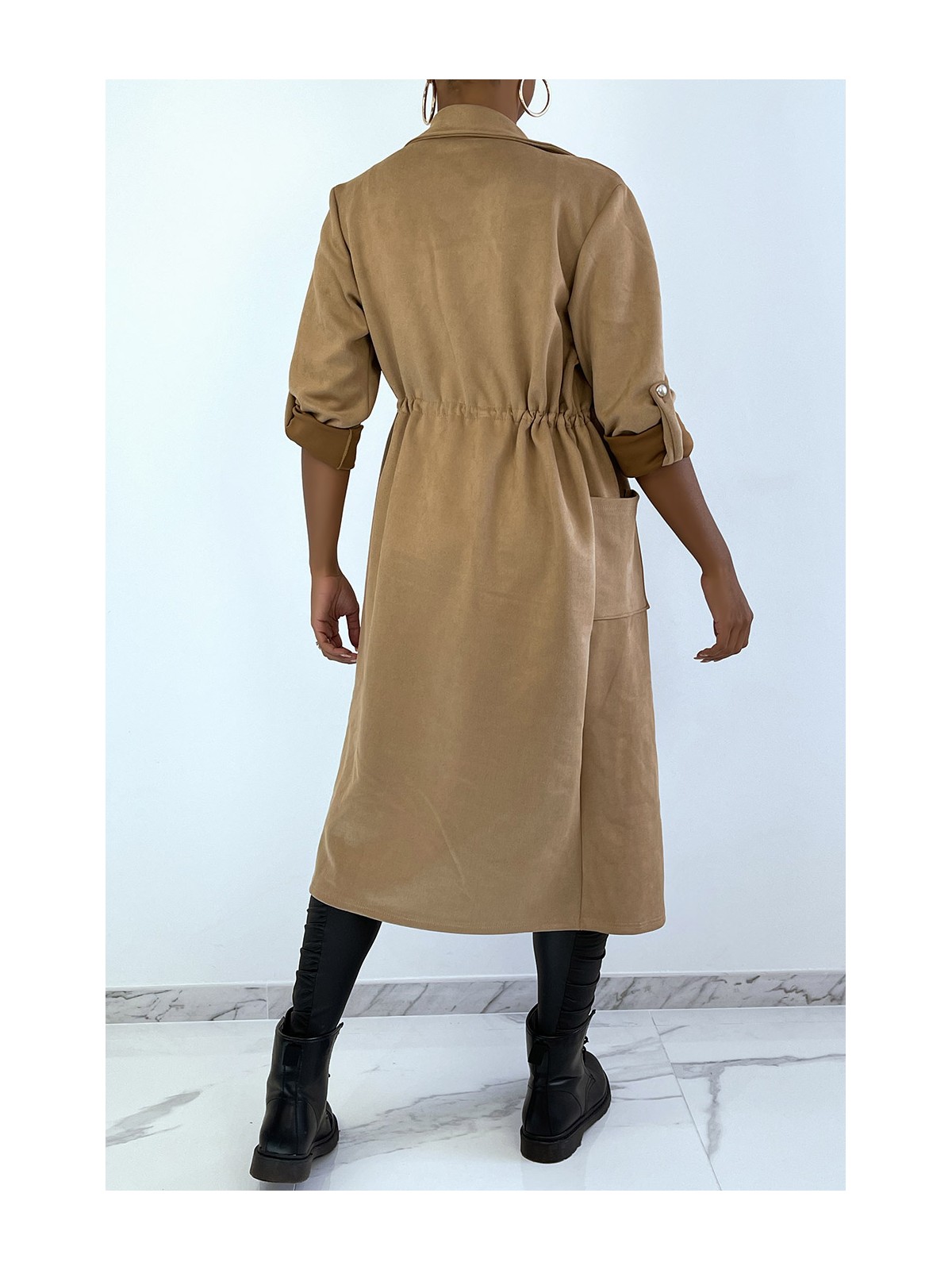 Manteau trench en suédine camel ajustable à la taille - 5