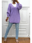 Pull lilas asymétrique en tricot à col v et manches bouffantes, ultra doux - 1