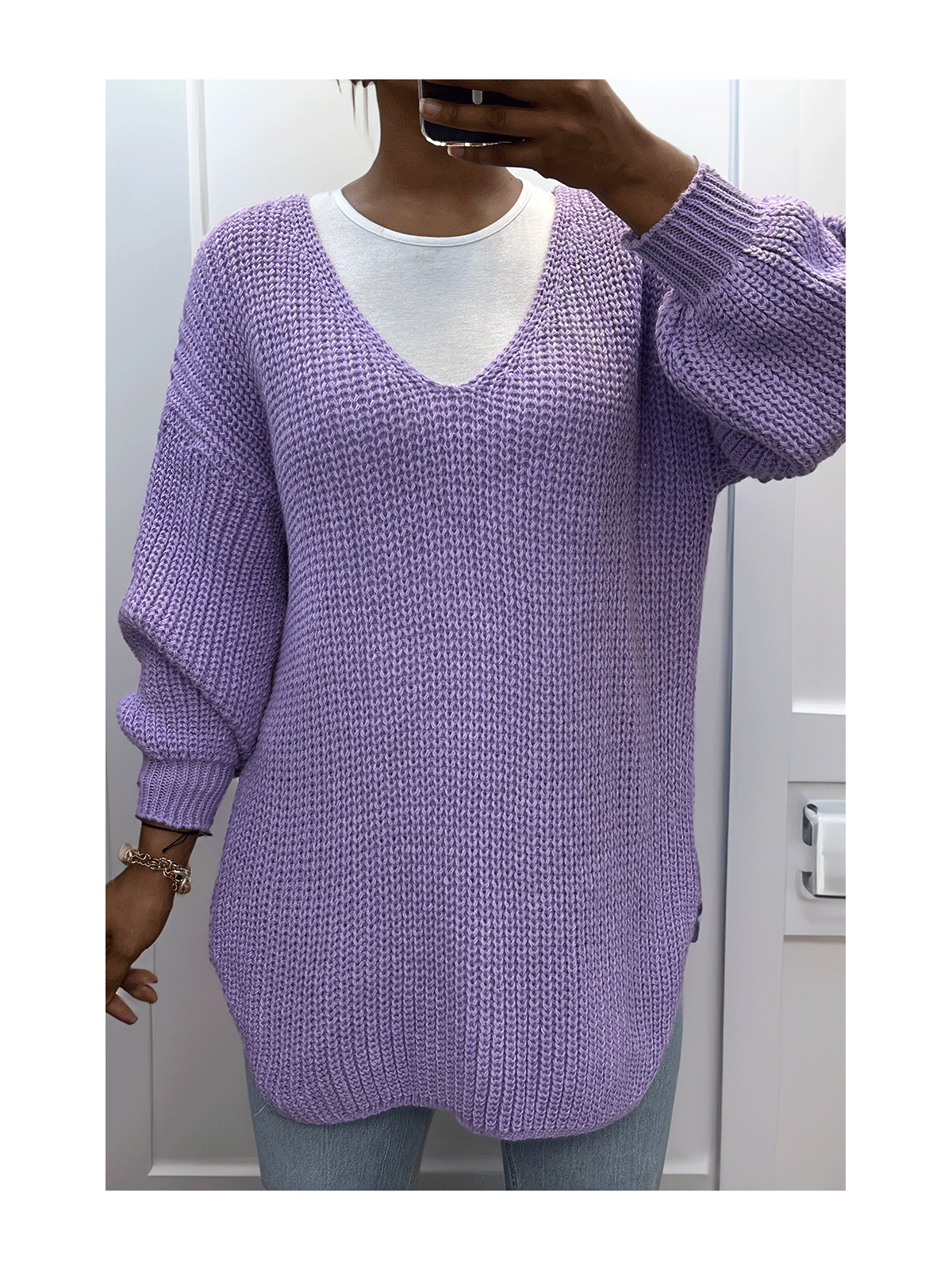 Pull lilas asymétrique en tricot à col v et manches bouffantes, ultra doux - 3