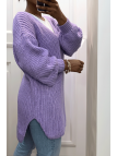 Pull lilas asymétrique en tricot à col v et manches bouffantes, ultra doux - 5