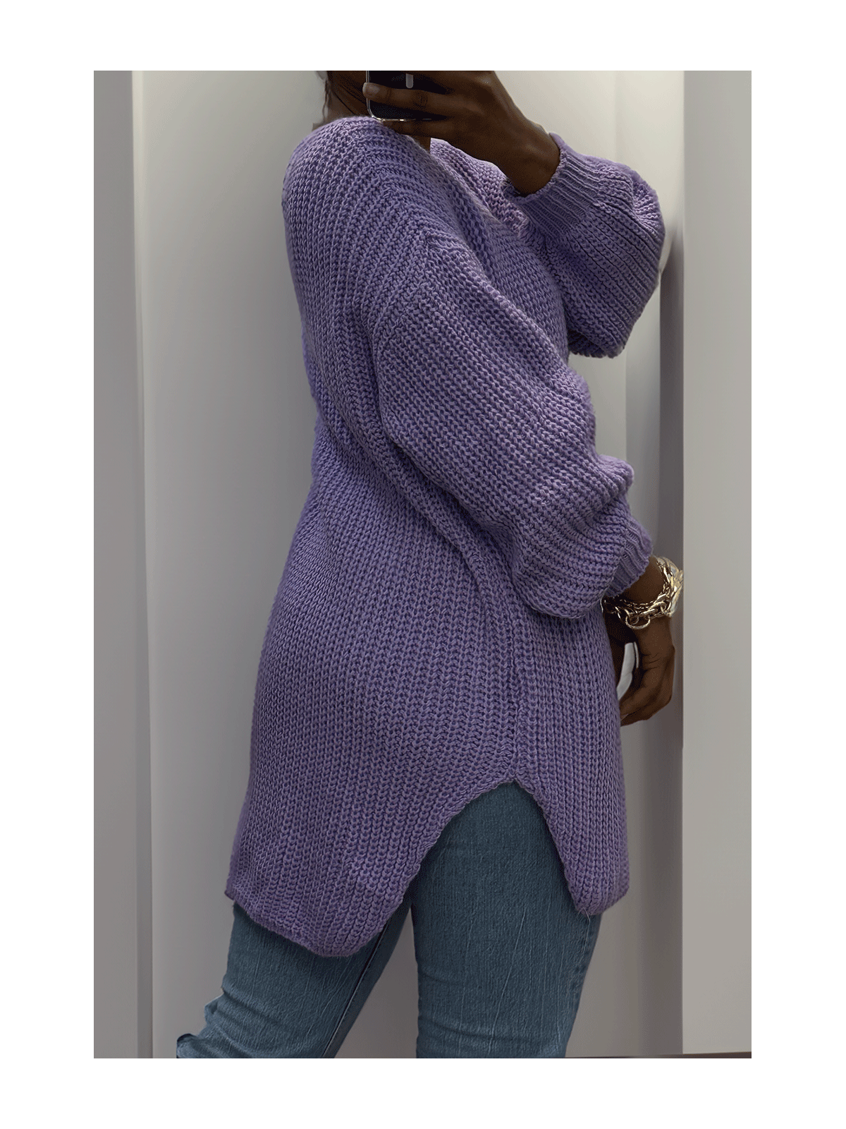 Pull lilas asymétrique en tricot à col v et manches bouffantes, ultra doux - 6
