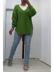 Pull vert asymétrique en tricot à col v et manches bouffantes, ultra doux - 2