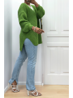 Pull vert asymétrique en tricot à col v et manches bouffantes, ultra doux - 3