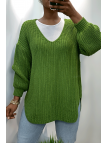 Pull vert asymétrique en tricot à col v et manches bouffantes, ultra doux - 4
