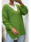 Pull vert asymétrique en tricot à col v et manches bouffantes, ultra doux - 5