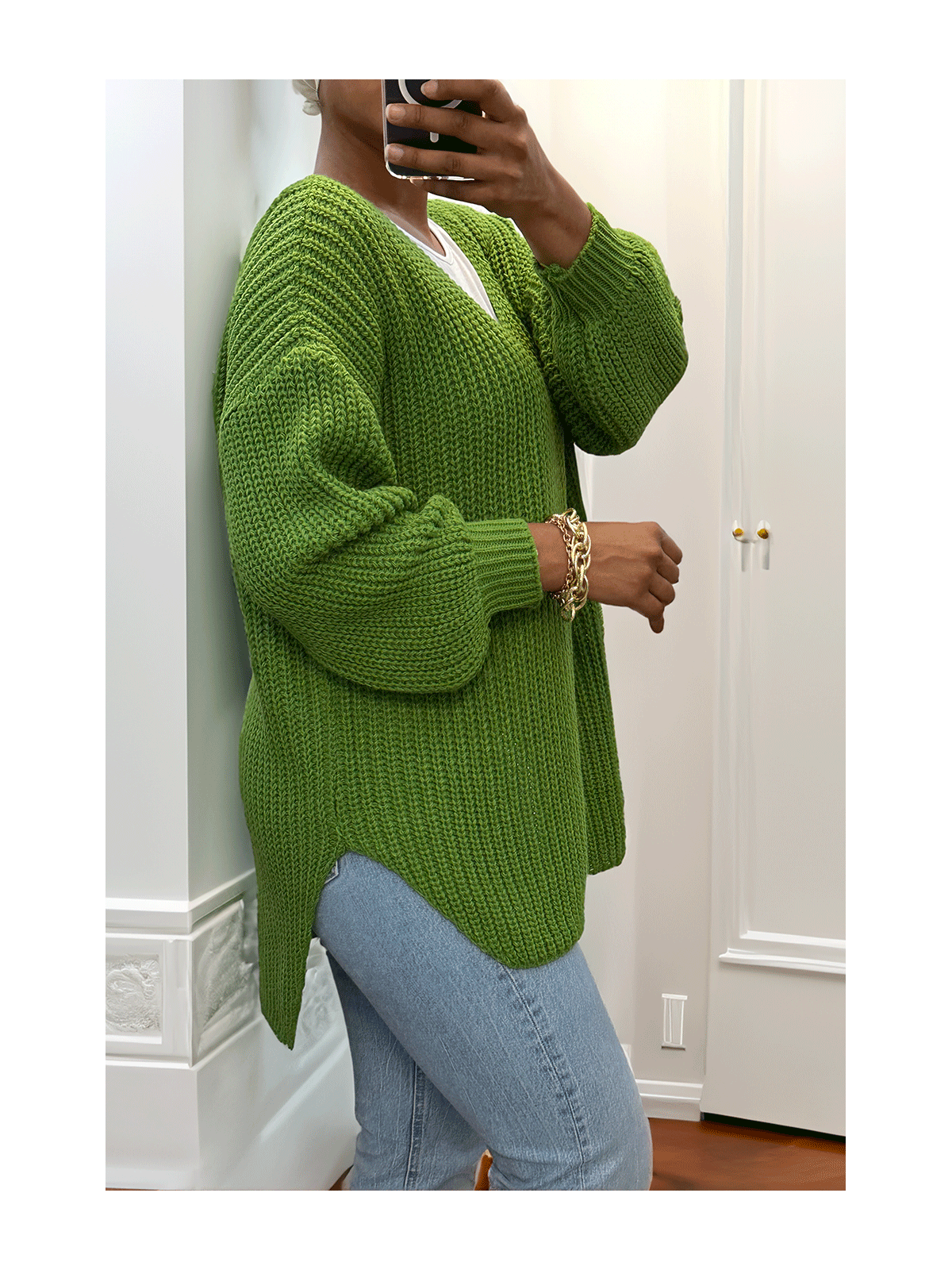 Pull vert asymétrique en tricot à col v et manches bouffantes, ultra doux - 6