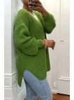 Pull vert asymétrique en tricot à col v et manches bouffantes, ultra doux - 6