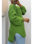 Pull vert asymétrique en tricot à col v et manches bouffantes, ultra doux - 7