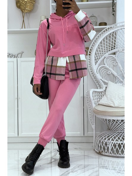 Ensemble de jogging rose fuchsia avec pantalon effet push et sweet 2 en 1 sur chemise à carreaux tendance - 2
