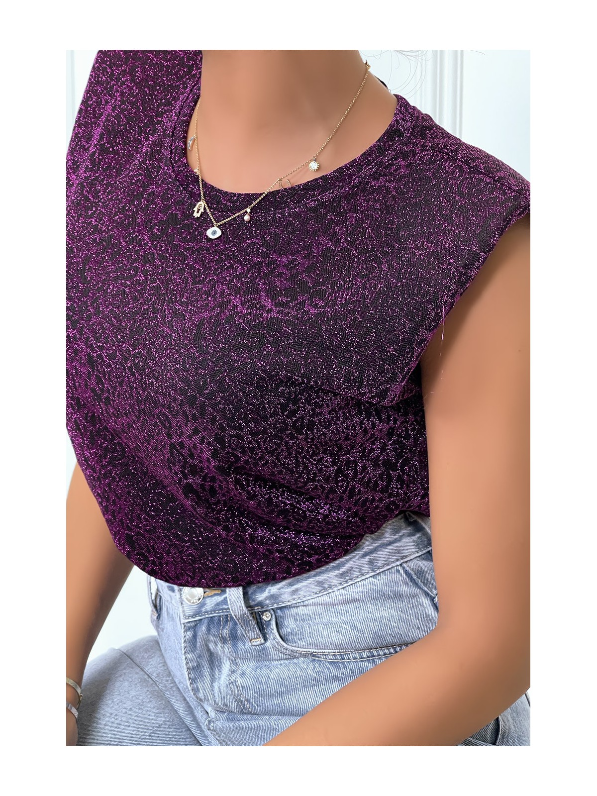 T-shirt lilas avec épaulettes et motif léopard - 3
