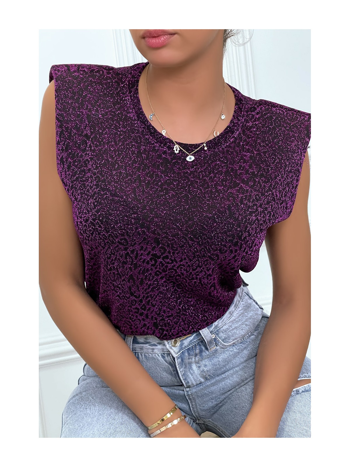 T-shirt lilas avec épaulettes et motif léopard - 4