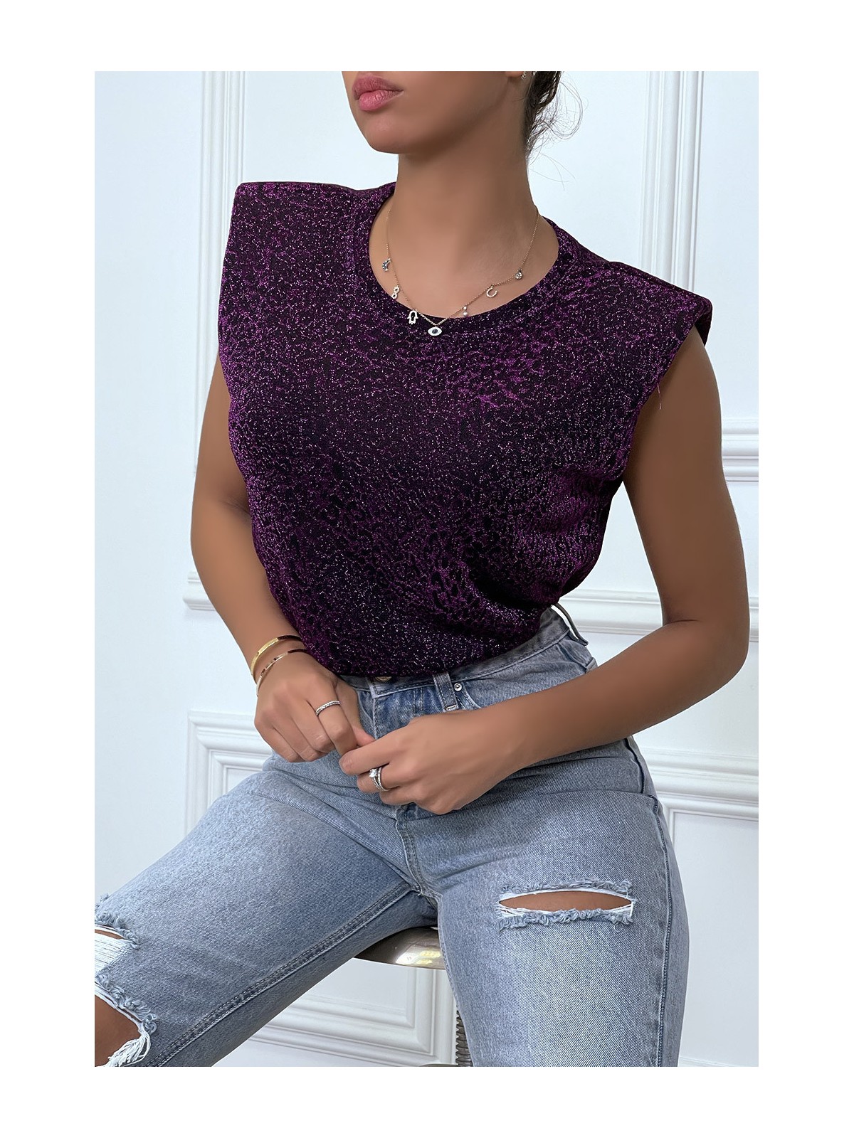 T-shirt lilas avec épaulettes et motif léopard - 5