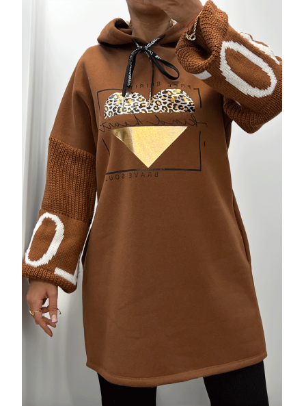 Robe tunique camel avec capuche - 2