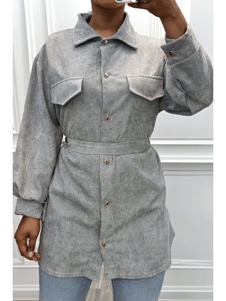 Longue sur chemise grise côtelé bien épais avec poches et ceinture - 1