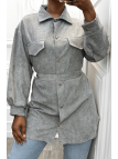 Longue sur chemise grise côtelé bien épais avec poches et ceinture - 2