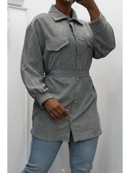 Longue sur chemise grise côtelé bien épais avec poches et ceinture - 5