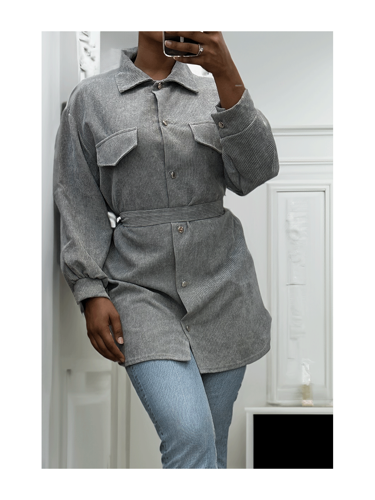 Longue sur chemise grise côtelé bien épais avec poches et ceinture - 6