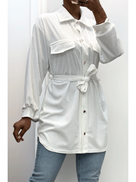 Longue sur chemise blanche côtelé bien épais avec poches et ceinture - 5